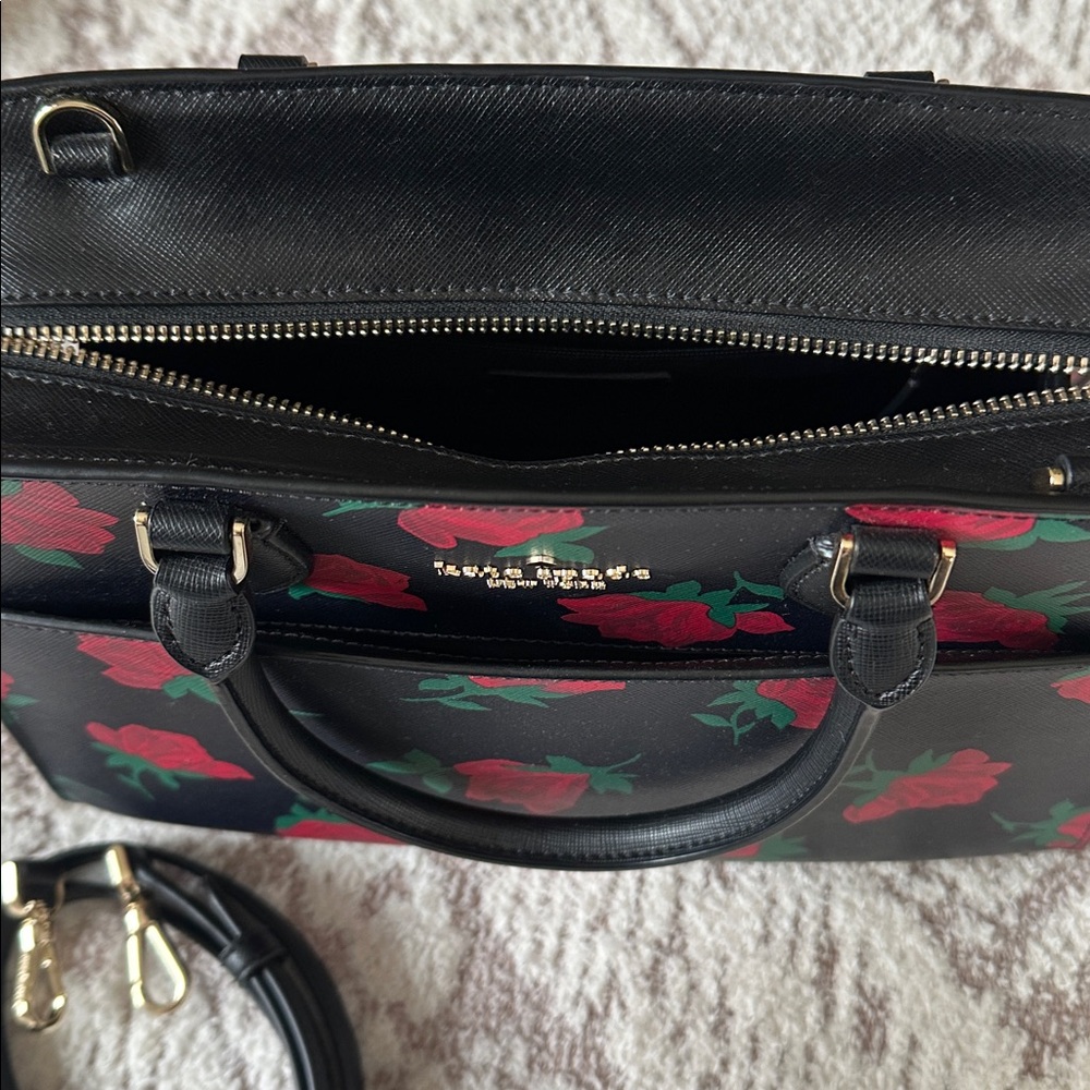 Like-new Kate Spade New York satchel stunning black leather bold red rose print - Picture 3 of 7